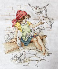 B1051 Девочка с голубями. Набор для вышивки нитками. Luca-s
